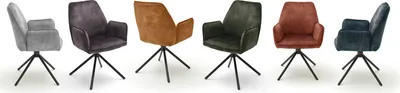A row of five swivel chairs in different colors against a white background.