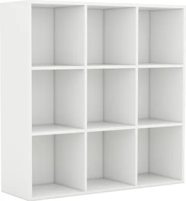 A white, empty, modular bookshelf with nine square compartments.