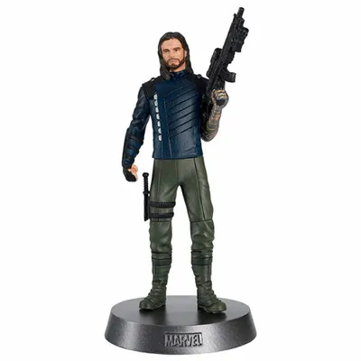 A figurine of the Winter Soldier from Marvel's Avengers, standing on a display base.