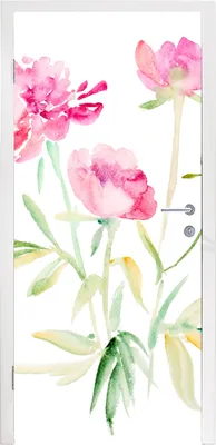 Produktbild von MuchoWow® Türtapete Selbstklebende Türfolie Blumen - Aquarell - Rosa 90x215 cm Türposter Türaufkleber Klebefolie Türklebefolie - Plakat an der Tür - Türsticker - Aufklebern