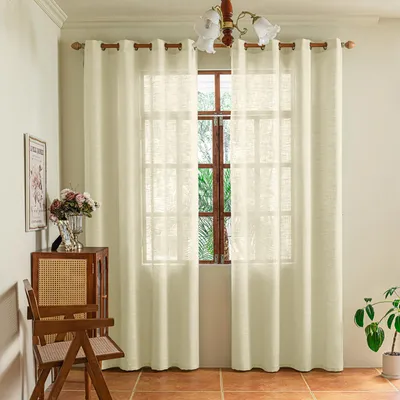 Immagine prodotto di 2 tende effetto lino, voile semitrasparente, traslucide, con occhielli, per soggiorno e camera da letto, beige, L140xH215 cm