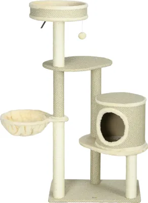 Produktbild von Katzenbaum Kratzbaum mit Katzenbett, Katzenhöhle und 2 Liegeflächen, 124x59x40 cm beige