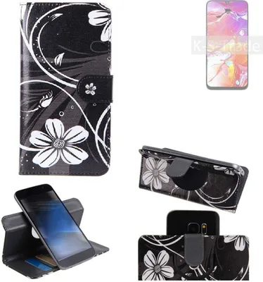 Produktbild von K-S-Trade Schutzhülle Handyhülle kompatibel mit Samsung Galaxy A40s Hülle 360° Wallet Case ''Flowers'' Klapphülle Hülle schwarz-weiß 1x