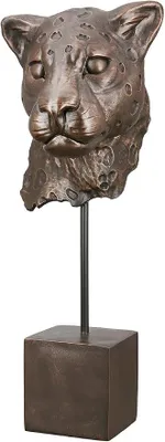Imagen del producto de Casablanca: Figura decorativa, escultura de cabeza de leopardo sobre pedestal, tamaño XL. Estatua tridimensional de cabeza de animal hecha de resina sintética. Color: bronce. Altura: 46 cm