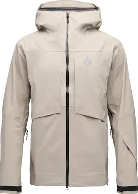 Hardshelljacke für Herren in hellem Grau von Black Diamond mit Kapuze und zwei Brusttaschen.