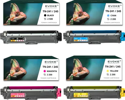 A collage of four toner cartridges and their packaging, each featuring a chameleon.