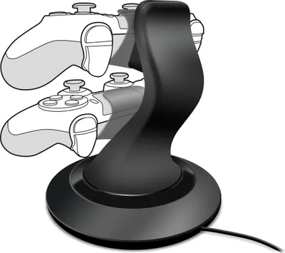 A black charging dock for two game controllers, with two controllers shown on the dock.