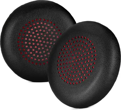 Two black ear pads with red perforated inserts are shown against a white background.