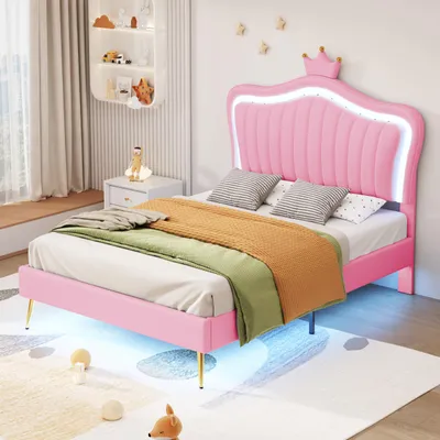 Image de MODFU Lit simple 90x200 cm - Lit avec LED et tête couronne - Rose