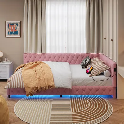Obrázok produktu pre Multifunkčná čalúnená posteľ 140 x 200 cm - rozkladacia pohovka s LED osvetlením a USB pripojením, ideálna do hosťovských izieb - ružová