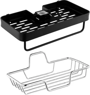 Produktbild von Unyqoos® Duschhänger – verstellbare Shampoo- und Seifenablage aus Aluminiumlegierung & rostfreiem Stahl, schwarz/silber, für Duschstangen Ø 22–25 mm, ohne Bohren