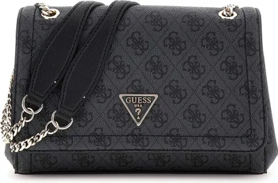 A black Guess handbag with a repeating logo pattern and a silver Guess logo emblem on the front.