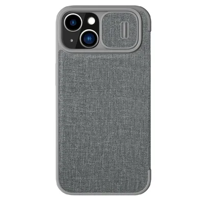 A gray iPhone case with a camera lens cover is shown against a white background.