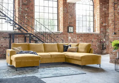 Produktbild von MIUFORM Lofty Lilly - Ecksofa mit Bettfunktion und Bettkasten U-FORM RECHTS - 303 x 197 cm - Velours Senfgelb - Sofa Schlafsofa Couch