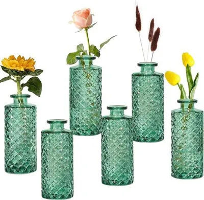 Produktbild von Famanu Set aus 6 kleinen Glaskrugdosen - Vintage Mini-Blumenvasen für Tischdekorationen - Grüne Flaschen für Hochzeiten