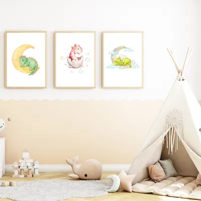 Produktbild von Niedliche Dinosaurier Bilder 3er Set DIN A4 Kinderzimmer Dino Poster Babyzimmer Wandbilder Dekoration