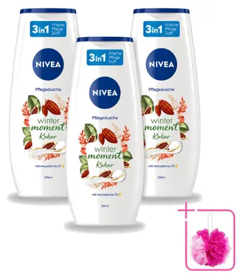 Imagen del producto de 3 unidades de gel de ducha NIVEA Winter Moment, aroma a cacao, 250 ml cada uno. Pack ahorro