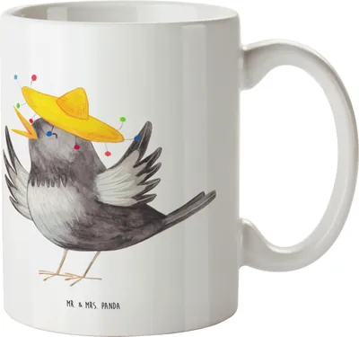 Produktbild von Mr. & Mrs. Panda Trinktasse Rabe Sombrero - Weiß - Geschenk, Kaffeetasse, Tasse, cappuccinotasse, Kaffeepott, Lustige Sprüche, Elster, Pott, Vogel, Froh, glücklich sein