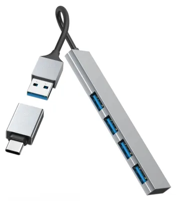 Produktbild von Hama USB-Hub 4 Ports, Ultra Slim, inkl. USB-C-Adapter
