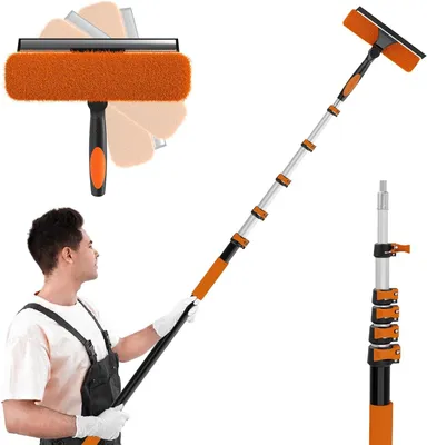 Imagen del producto de Limpiacristales telescópico, 6 metros, con cabezal de limpieza de 25 cm, vara ajustable, para limpieza de ventanas