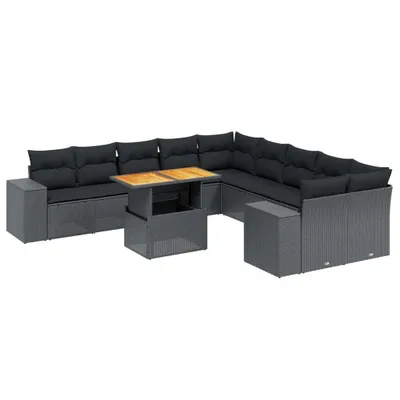Produktbild von 11-tlg. Garten-Sofagarnitur, modular, verstellbarer Tisch, Poly Rattan Schwarz, UV-beständig, mit abnehmbaren Kissenbezügen