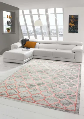 Produktbild von Moderner Designer Teppich marokkanisches Muster in grau rosa Größe - 80 x 300 cm