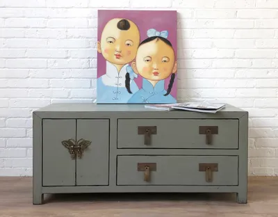 Produktbild von TV Kommode chinesisch Asia Sideboard orientalisches Lowboard Schrank Möbel asiatisch shabby Landhaus Vintage-Stil Holz hellgrau