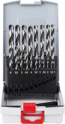 A set of drill bits in a case.