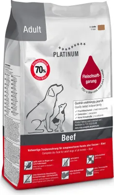 A bag of Platinum Natural Adult Beef dog food.