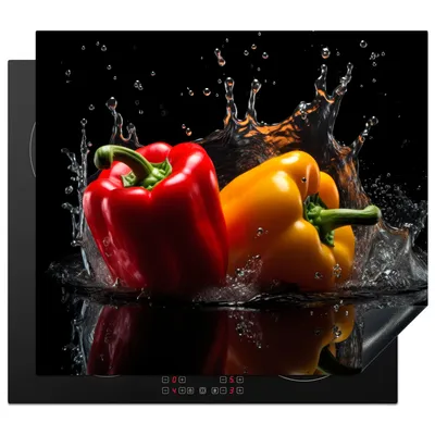 Produktbild von KitchenYeah© Herdabdeckplatte Paprika - Wasser - Schwarz - Gemüse - Rot - Gelb , 57x51cm, Küche Deko, Glaskeramikkochfeld Herdabdeckung, Abdeckplatte fùr Kochfeld
