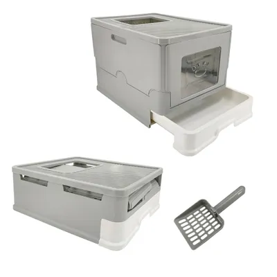 Produktbild von WISFOR Katzenklo mit Deckel, Katzentoilette mit ausziehbarer Schale, faltbar Katzen WC grau modernes Design