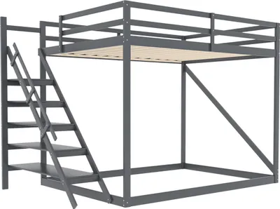 Produktbild von Kinderbett Hochbett(Grau)140x200 mit Sicherheitsleiter, Etagenbett aus Massivholz mit Lattenrost geeignet für Kinder
