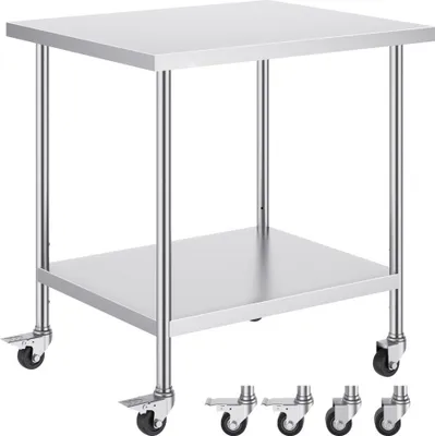 Immagine prodotto di Tavolo da lavoro in acciaio inox - Tavolo di preparazione mobile - Tavolo da cucina commerciale per catering - Piano di lavoro per cucina