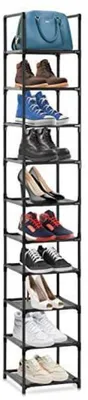 Immagine prodotto di Scaffale per scarpe, 10 ripiani, plastica e metallo, nero, salvaspazio, multifunzionale