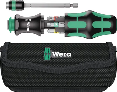 A set of WERA Kraftform Kompakt 20 Kombi-Schrauber with 6 bits and a storage pouch, presented on a white background.