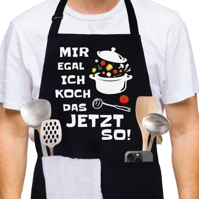 Obrázek produktu pro Kuchyňská zástěra pro muže i ženy – černá, bavlněná, s kapsou