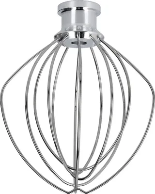 A close-up, studio shot of a silver wire whisk attachment for a stand mixer.