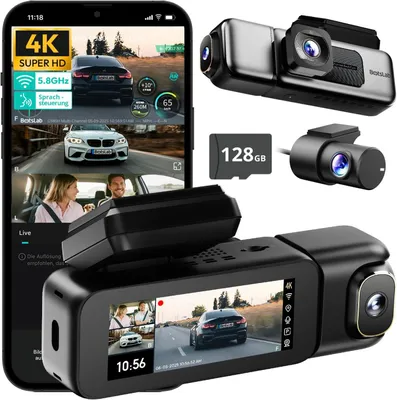 A collage of a smartphone displaying a dashcam app, a dashcam unit, a rear camera, and a memory card.