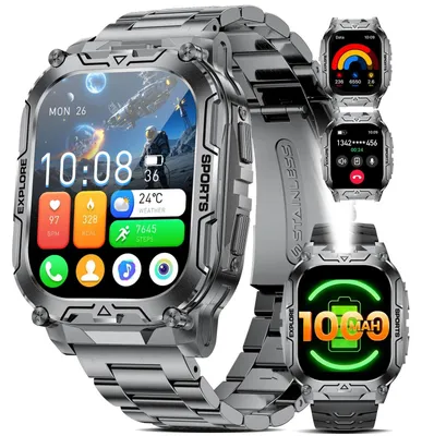 Zdjęcie produktu dla Inteligentny zegarek męski, styl militarny, bateria 1000mAh, duży wyświetlacz HD, podświetlenie LED, 2 paski, latarka, ponad 120 trybów sportowych, monitor tętna i snu, kolor czarny