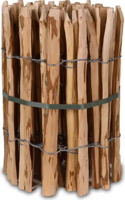 A bundle of wooden stakes tied together with wire and a green strap.