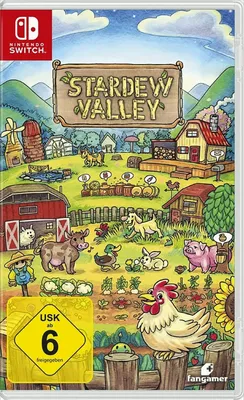 The image shows the Nintendo Switch game case for Stardew Valley, featuring a colorful illustration of a farm scene with various animals and buildings.