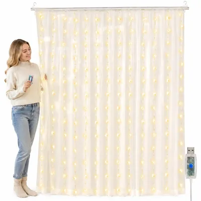 Produktbild von LED Lichtervorhang 3 x 3 m, 300 LEDs warmweiß, USB Lichterkette mit 8 Lichtmodi, Fernbedienung & Timer für Fenster, Weihnachten, Hochzeit und Party
