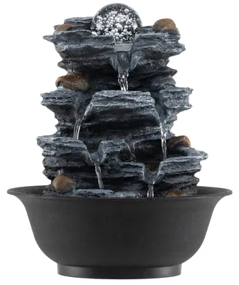Produktbild von KOMFOTTEU Zimmerbrunnen, Tischbrunnen mit drehender Kristallkugel & bunter LED-Beleuchtung, Kleiner Zen Springbrunnen, Dekoratives Wasserspiel, 21,5 x 21,5 x 26 cm (Stil 1 + mit Kristallkugel)