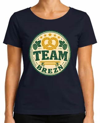 Imagen del producto de Camiseta del equipo Brezn para la , con motivos bávaros. Incluye: pretzel, traje tradicional, pantalones de cuero. Camiseta para mujer, color azul marino, talla S