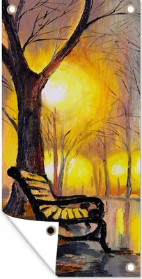 Produktbild von MuchoWow® 30x60 cm Outdoor-Poster Gartendeko Sichtschutz Garten Poster für den Garten  Malerei - Bank - Wasser - Licht - Öl