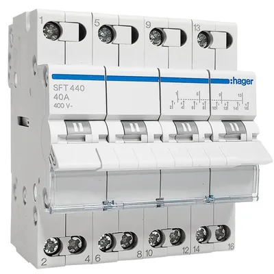Produktbild von Hager Wechselschalter SFT440, 4-polig, 40 A Nennstrom, 400 V Betriebsspannung, 70x71x83 mm