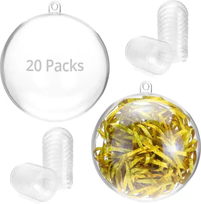 A collage of clear plastic spheres, some filled with gold shred, and stacks of empty spheres.