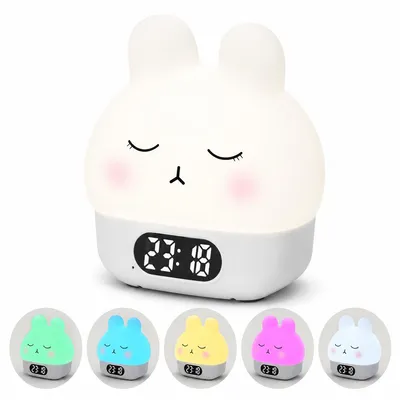 Produktbild von Kinderwecker mit Nachtlicht, Hasen-Wecker mit Temperaturanzeige, 7 Farben, Touch & Soundsteuerung, Schlummerfunktion, USB-C, Timer