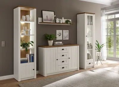 Produktbild von Landhaus Wohnwand Mediawand Anbauwand Wohnzimmer 230cm pinie weiß eichefarben hell