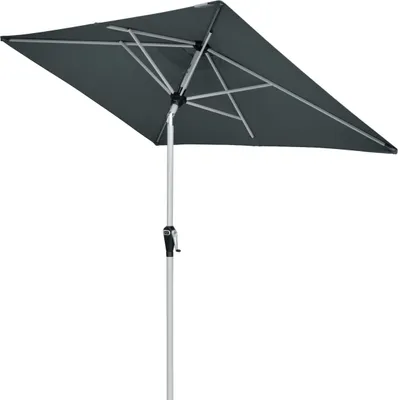 A rectangular patio umbrella with a gray canopy and a silver pole is shown against a white background.